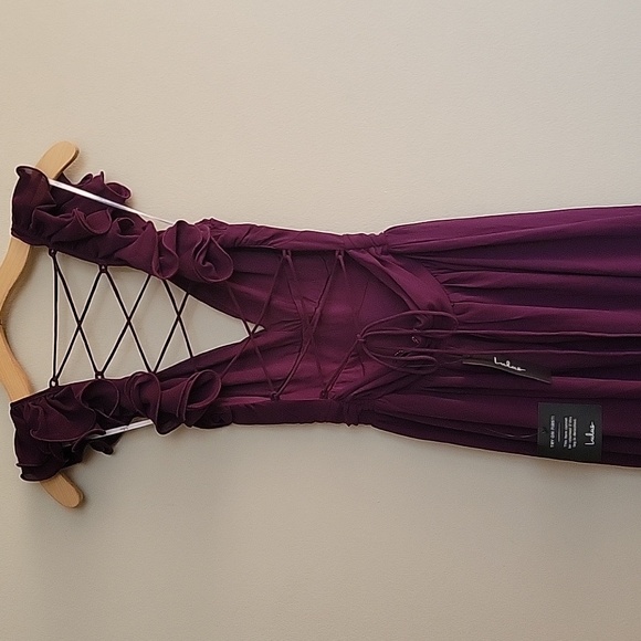 NWT Lulus Soiree Celebration Purple Ruffled Lace-Up Maxi Dress - Picture 7 of 11